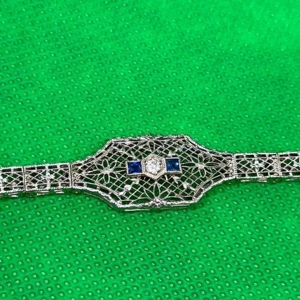 14k Diamond sapphire blue real white solid gold‎ and diamond